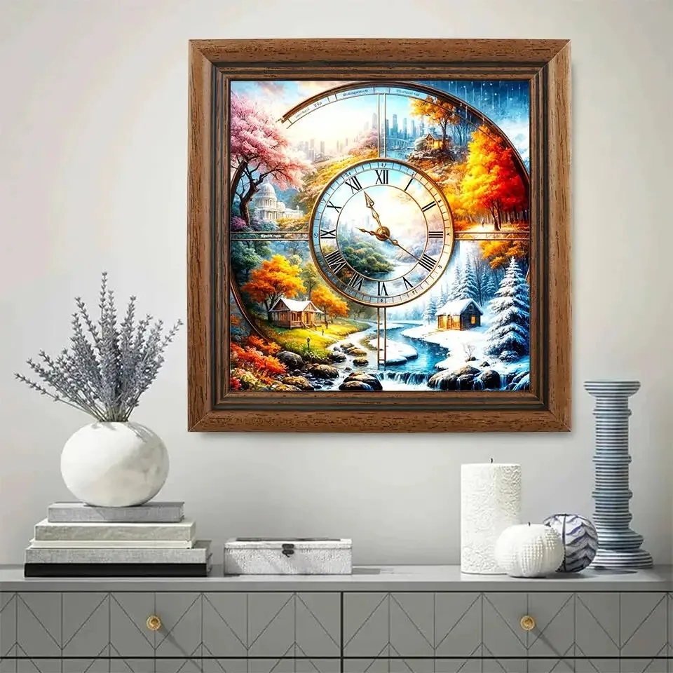 Diamond Embroidery Clock Diamond Painting Four Seasons Landscape DIY 5D Full Square Round Drill Mosaic Set Home Decor - view 2
