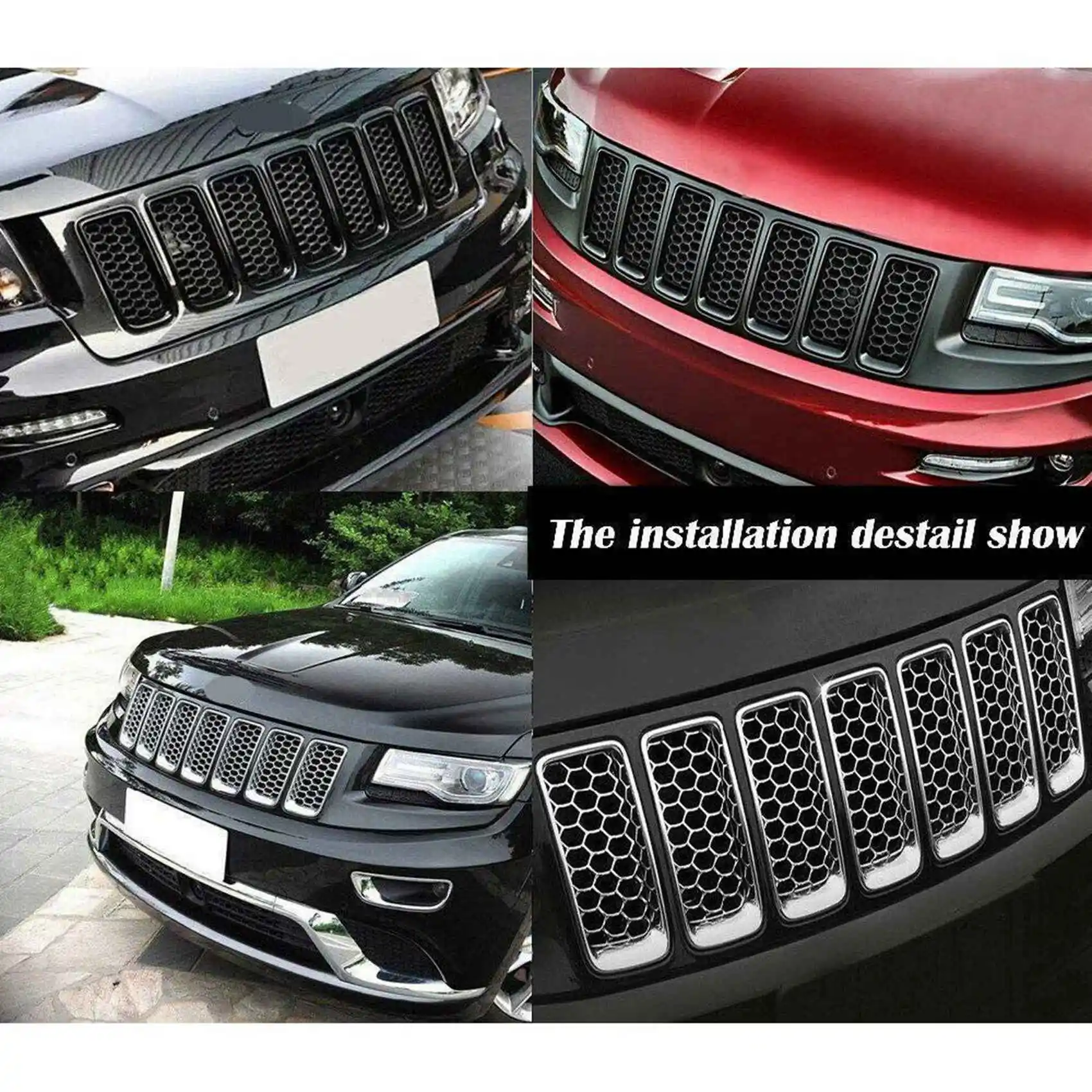 Leading-6X Car Black Front Grille Inserts Trim Mesh Kit For Jeep Grand Cherokee 2014-2016