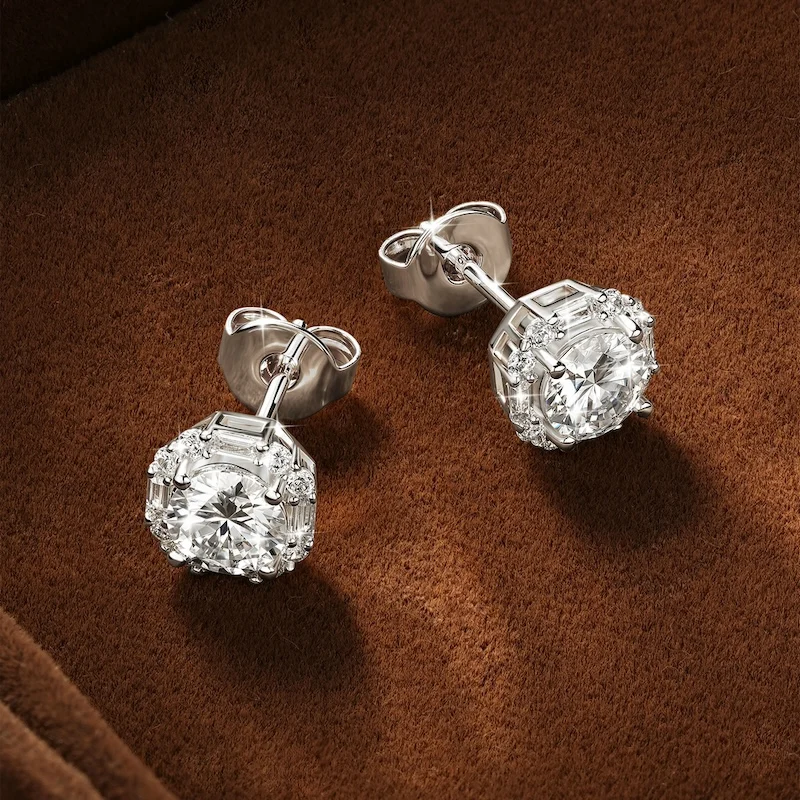 Rrjzz 5mm 0.5CT Round D Color Moissanite Geometrically Arranged Ear Studs Exquisite Stylish Halo Earrings for Women Jewelry Gift