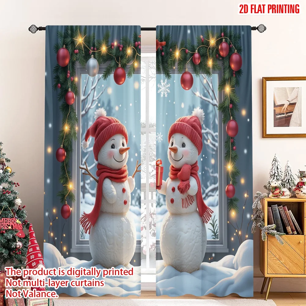 

2pcs 2D flat printing Christmas Window Drapes Cute Snowmen Christmas Winter Holiday Fabric Without Electricity Family Party Use