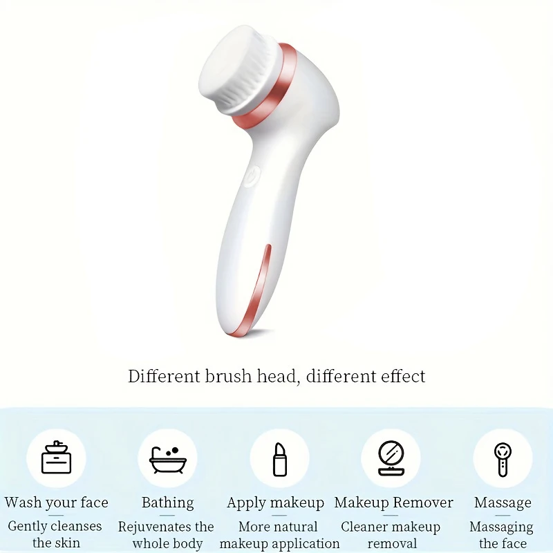 แปรงทำความสะอาดผิวหน้าไฟฟ้า 3 in 1 พร้อมหัวแปรง 3 แบบ กันน้ำ ชาร์จซ้ำได้ สีโรสโกลด์ พร้อมหัวนวดสีม่วง