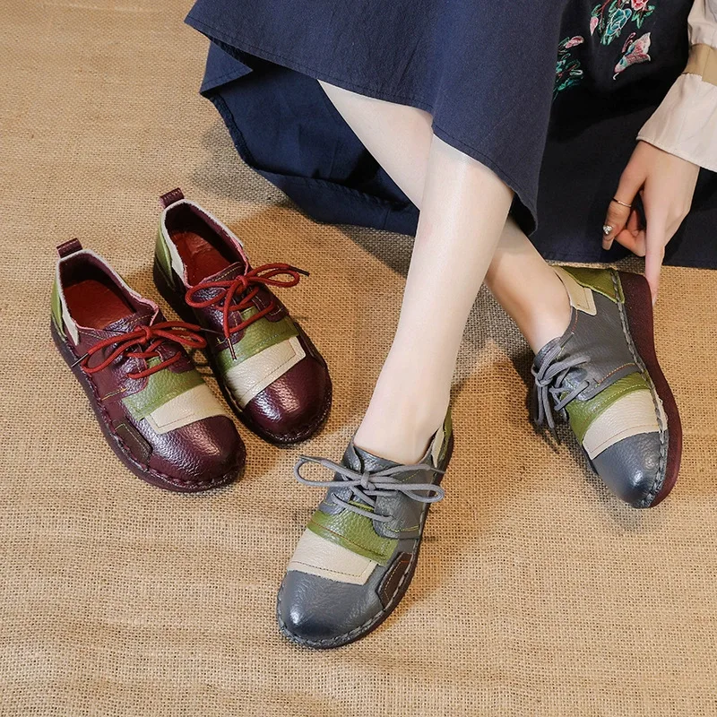 XIHAHA Women Luxury Vintage Loafer Woman Patchwork Square Toe Flats Ladies Shallow Slip on Girls Shoe Handmade Cow Leather Shoes