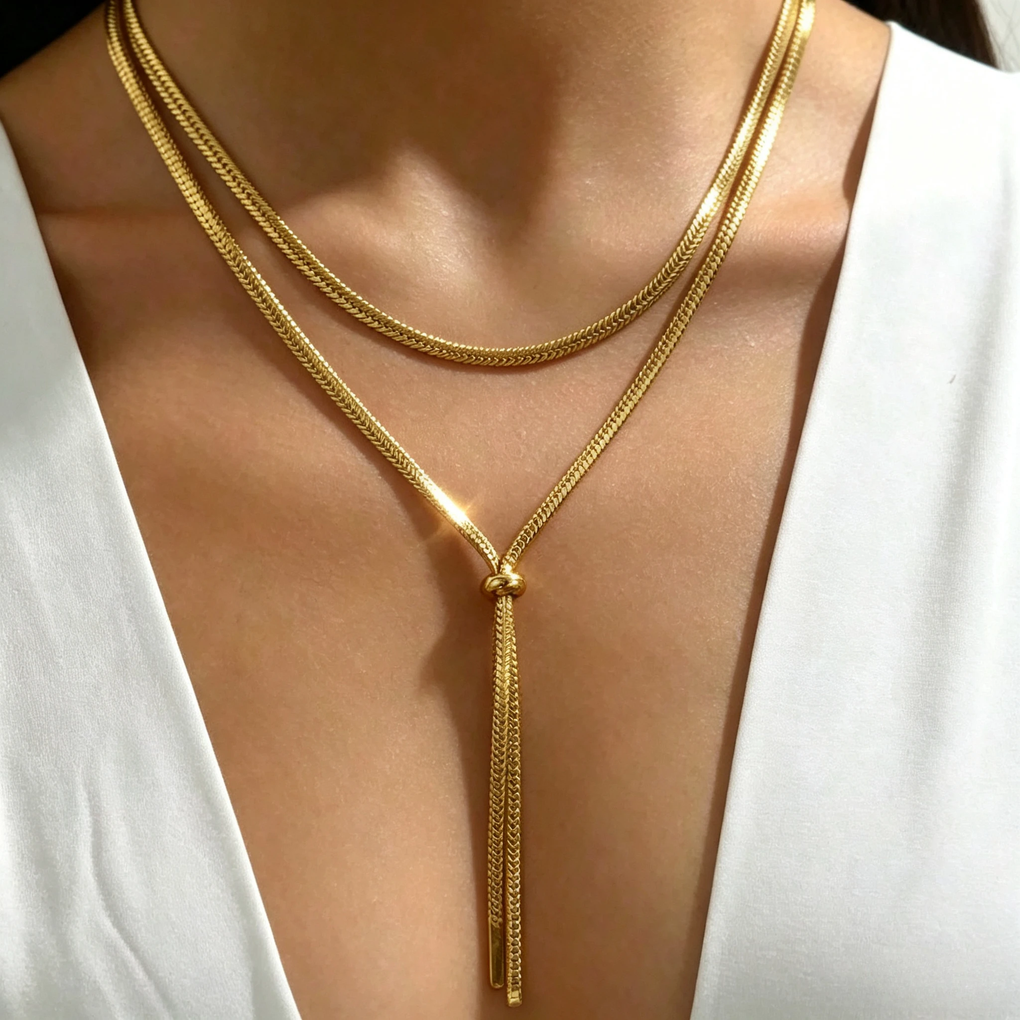 18K Gold Plated Stainless Steel Double Layer Herringbone Chain Knotted Tassel Necklace Waterproof Minimalist Women Fashion Jewelry