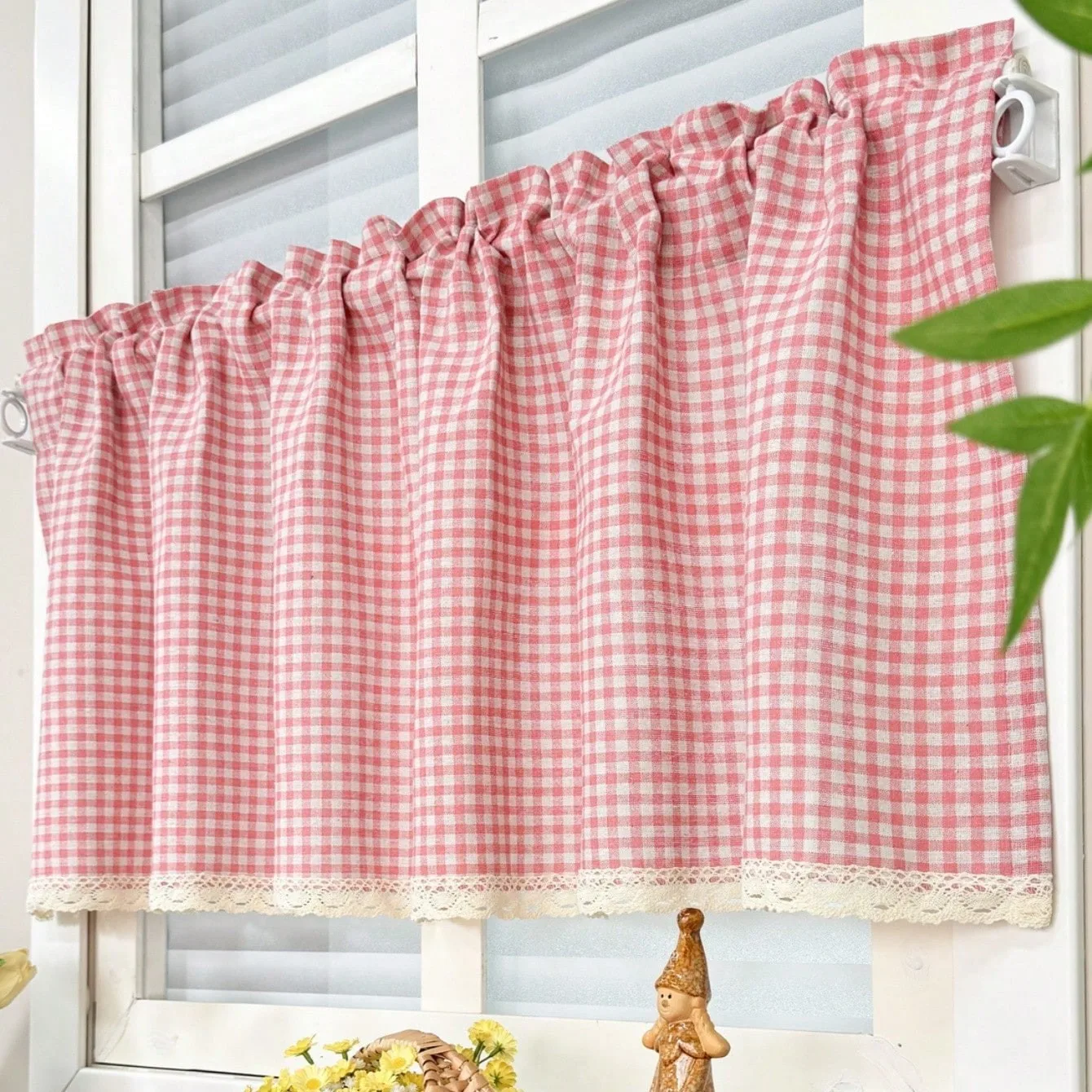 1pc Country Vintage Style Short Curtain Pink Plaid Lace Trim Short Curtain Kitchen Small Fresh Partition Shade