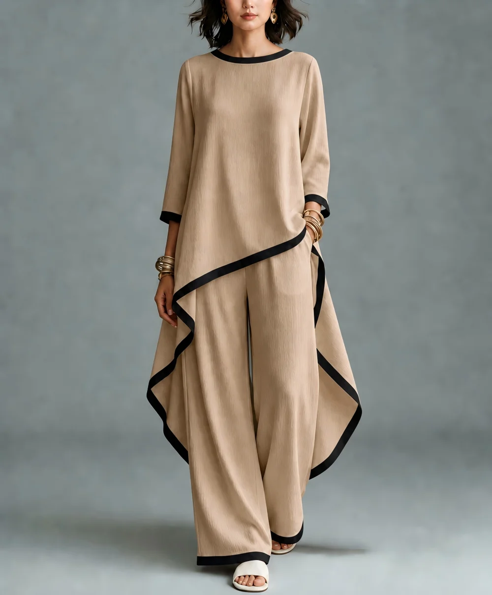 Old Money Style Irregular Long Sleeve Blouse and Wide Leg Pants Two Piece Set, Elegant Oversized Casual Women's Outfit