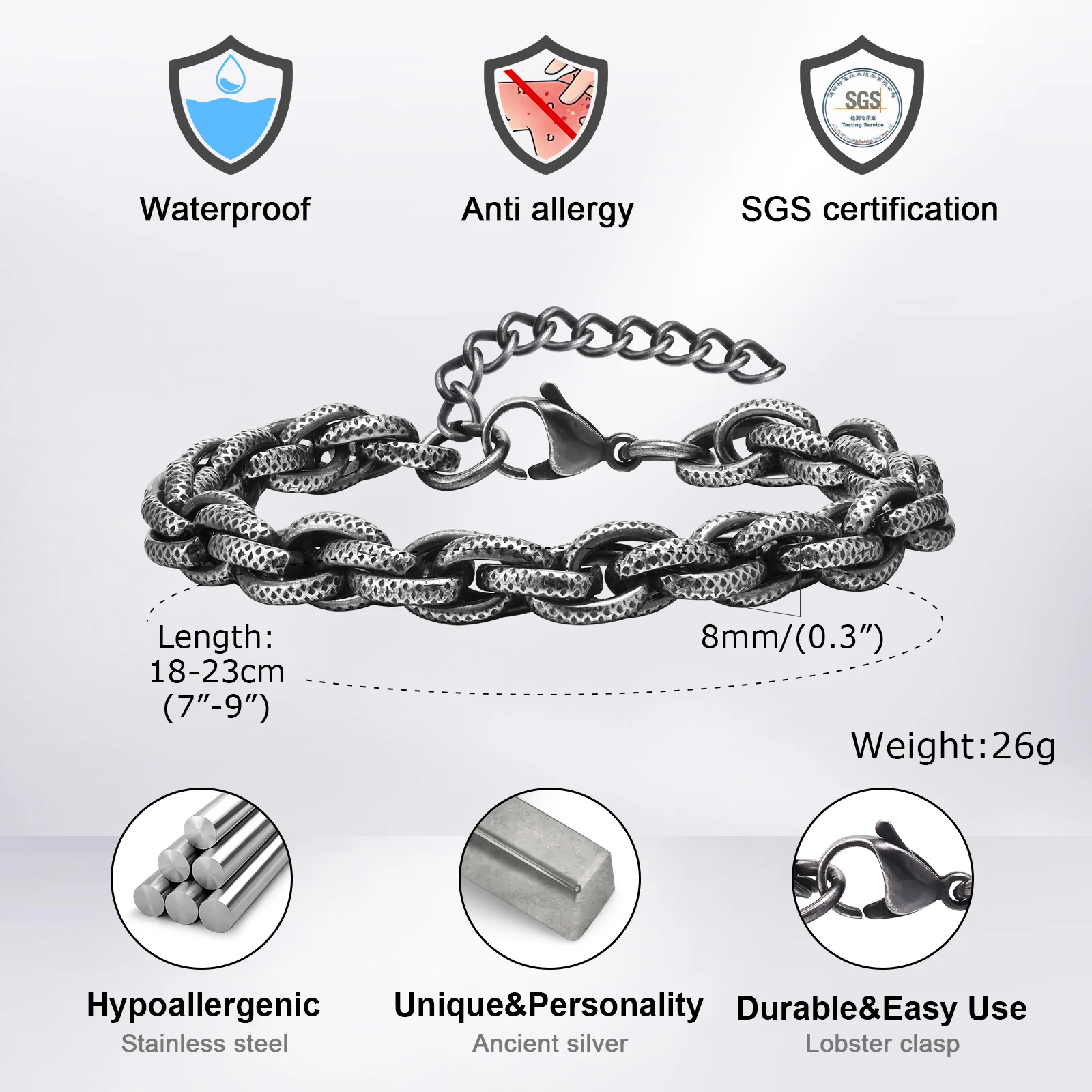 Vnox Hiphop 8mm Handmade Link Chain Bracelets for Men Teens Boys, Vintage Stainless Steel Interlocked Chain Punk Wristband image 4