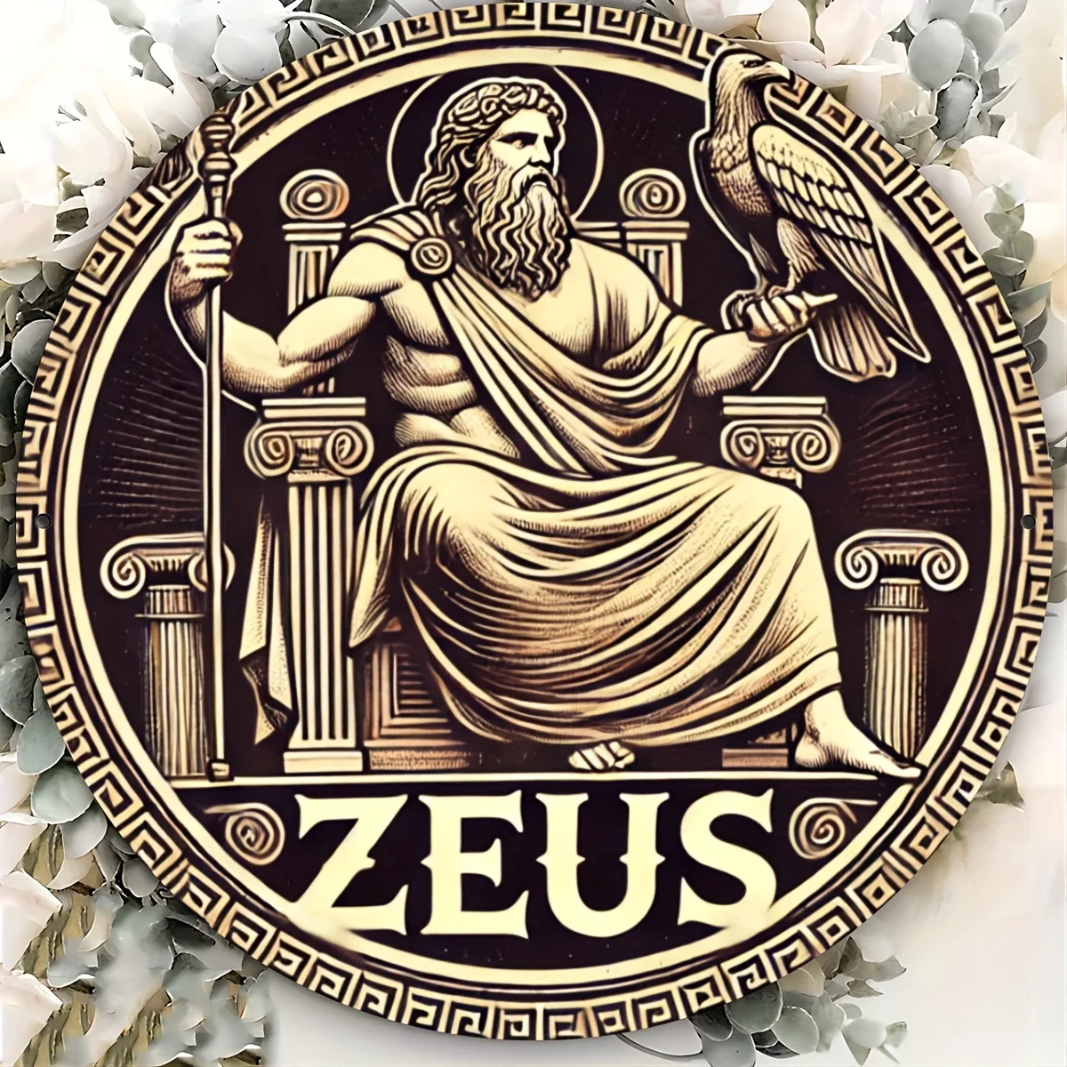 2D Flat High Definition Metal Wall Art Greek God Zeus Sitting on Throne with Eagle and Thunderbolt Metal Sign Round Wall Plaque