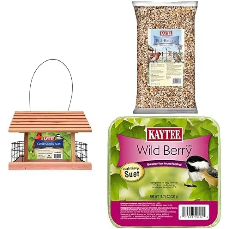 

Cedar Seed and Suet Feeder with Kaytee Bird & Balcony Bird Seed and KayteeBerry High Energy Bird Suet Bundle