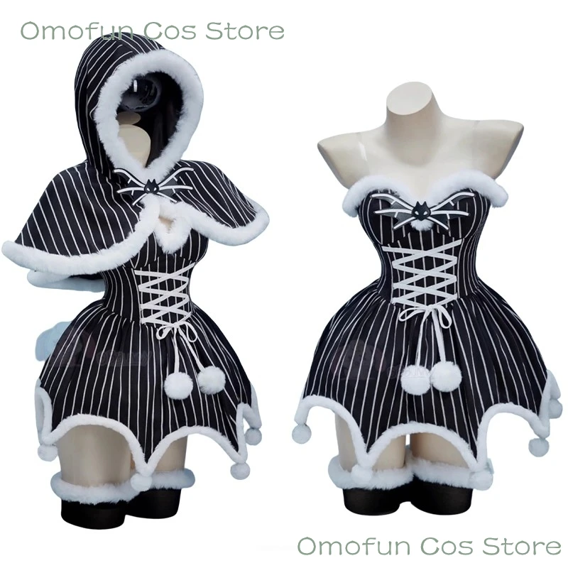 

Christmas Eve Cosplay Ghost Scary Horry Women Adult Skull Gloves Black-White Striped Skirt Sexy Style Halloween Party Dress Gown