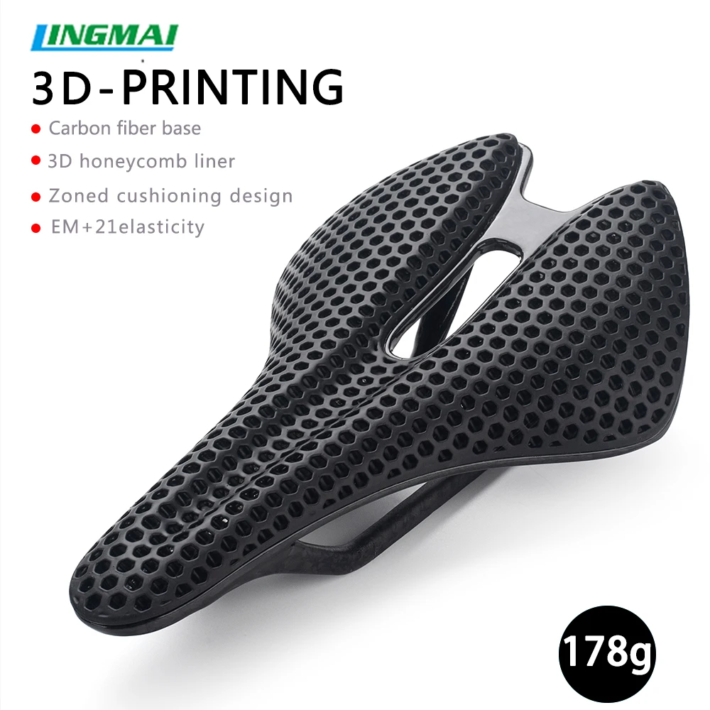 LINGMAI Carbon Fiber 3D Printed Bicycle Saddle Ultralight Hollow Bike Seat Men Women Triathlon Racing Road MTB Bike Saddle