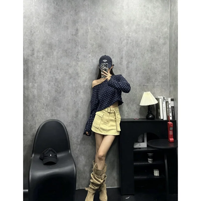 Loose Long Sleeve T-Shirt Women's Inner Wear Cross Shoulder Star Print Short Style Slimming Top for Initial Autumn