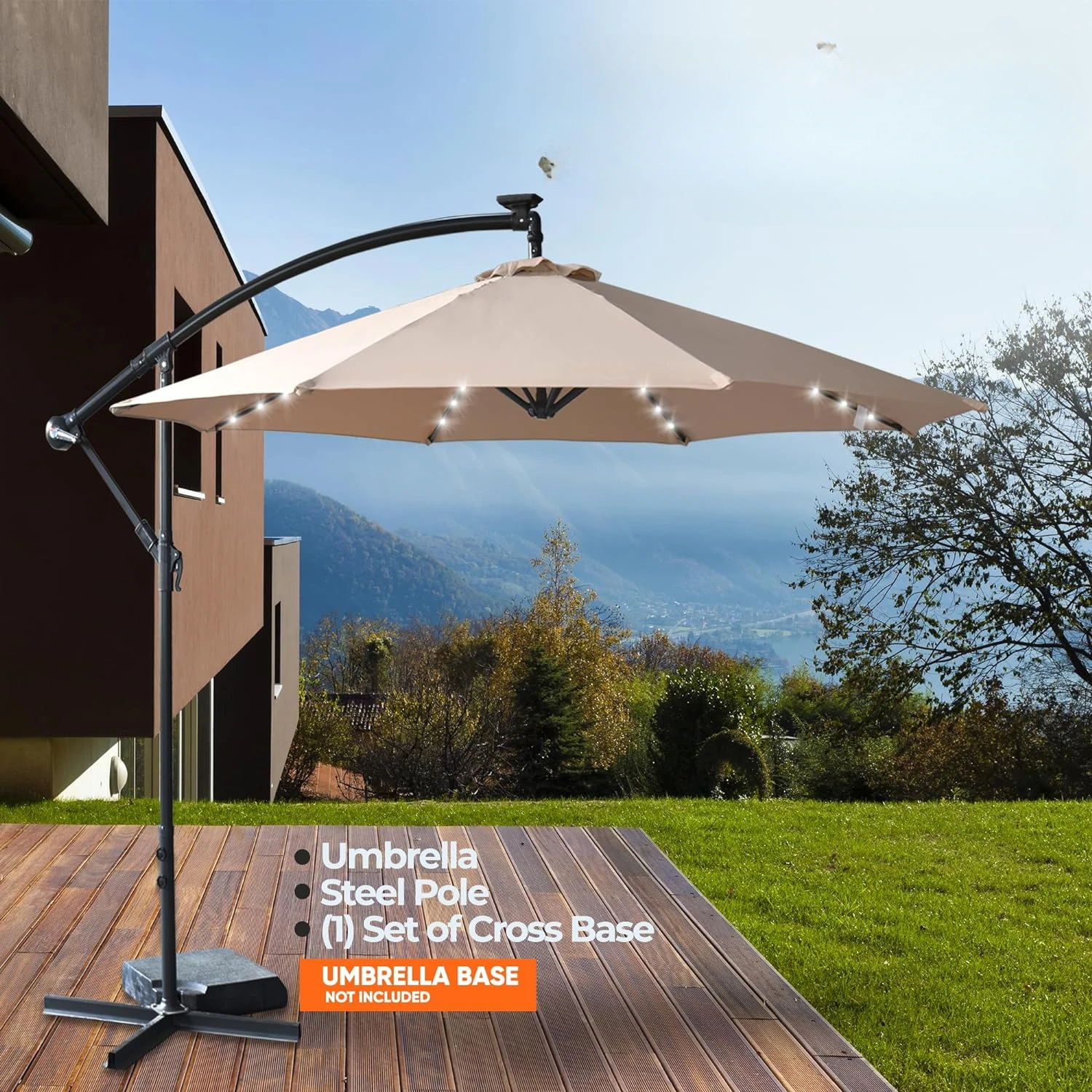 

360° Rotation-8 Sturdy Steel Ribs Patio Market Hanging Umbrellas with 24 LED Lights, Tilting and Cross Base