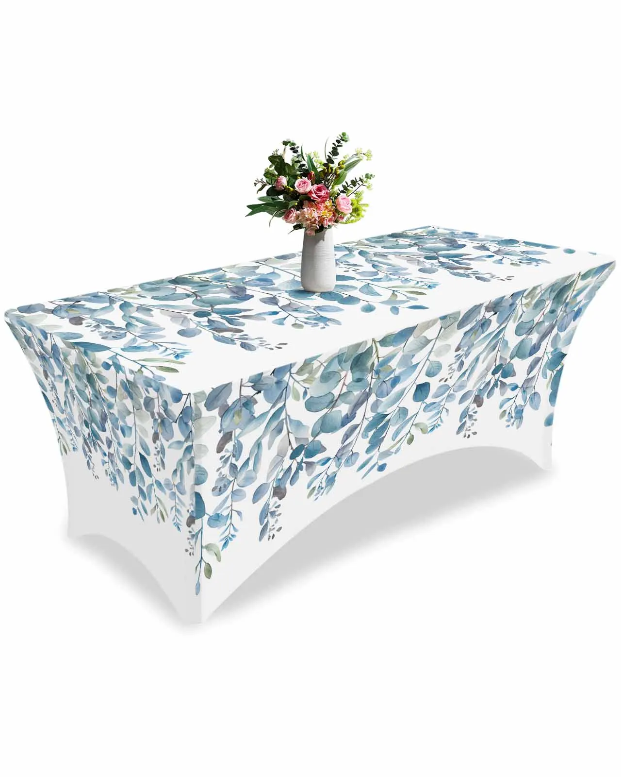 

Blue Leaved Eucalyptus Leaf Plant High Stretch Tablecloth Wedding Party Decor Elastic Print Table Cover Outdoor Table Cloth