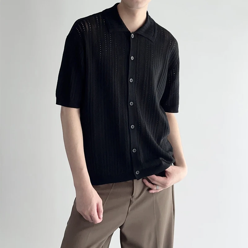 

Leisure Ice Silk Hollow Out Breathable Shirt Men Knitting Short Sleeve Button Lapel Knit Cardigan Mens Tops Summer Casual Shirts