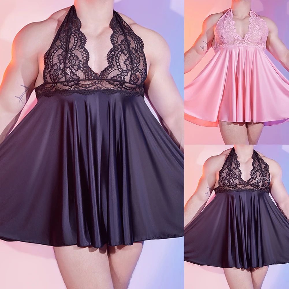 

Mens Sexy Lingerie Bodysuit Dress Halter Backless Sheer Lace Mesh Nightdress Pleated Skirt Sleepwear