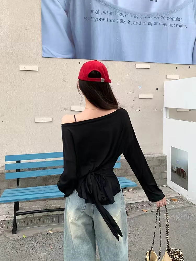 Sun Protection Long Sleeve T-Shirt Women Summer Loose Thin Waist-Cinching Slimming Shoulder Bared Top Korean Style Pure Color