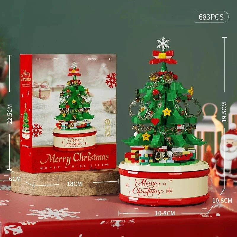 P Christmas Gift Children Christmas Tree Santa Claus Mini Music Box Model Micro Bricks Building Block Bricks Toys for Adult Gift