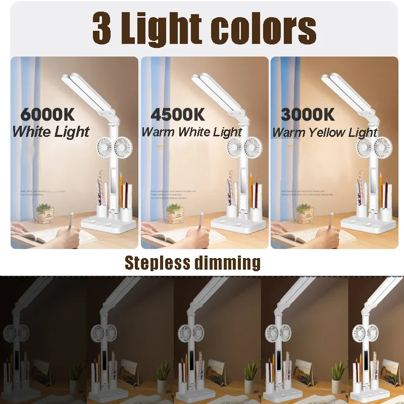 Lampes de bureau LED multifonctions avec ventilateur, protection des yeux à intensité variable, lampe de livre, lampe de table pliable à double tête, étude, bureau, chevet