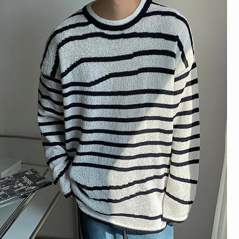 Thin Breathable Spring Autumn Striped Print Men Long Sleeve Irregular Sweater Fashion All-match Harajuku Oversized Pullover Tops