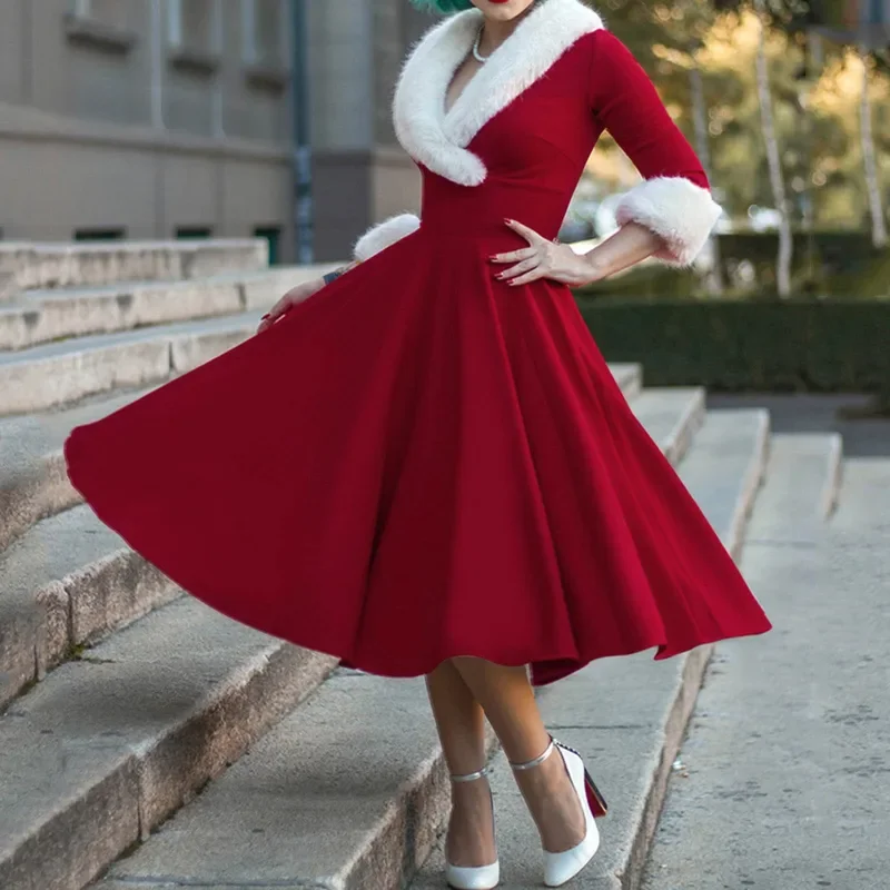 

ZA01 New Year Christmas Dress Women Christmas Sexy Costume Long Sleeve V Neck Plush Warm Party Pleated Elegant Tunic Swing DZa0@
