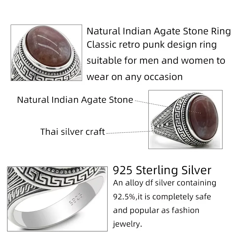 Türkiye S925 فضة الرجال خاتم العقيق الهندي الطبيعي حجر خمر مجوهرات بسيطة المرأة خاتم فاخر هدية للذكرى السنوية
