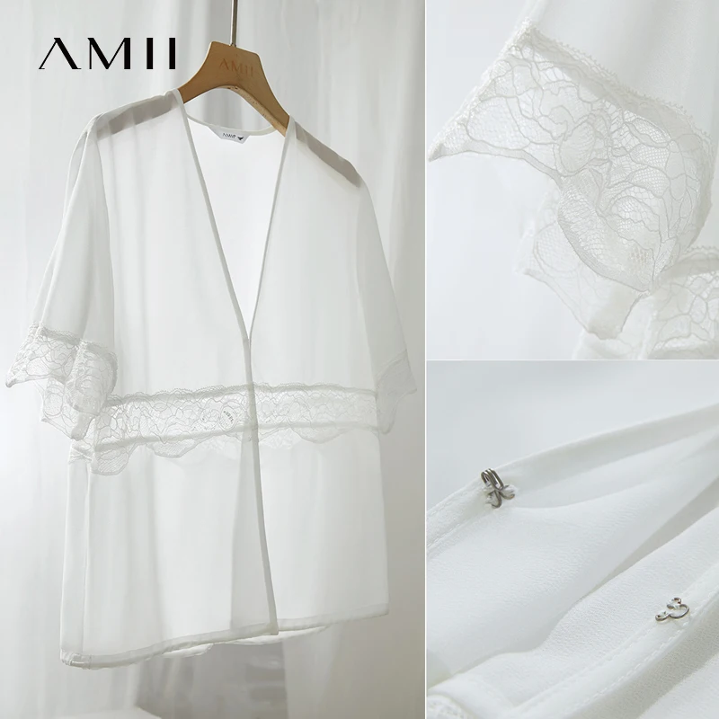 Amii Minimalistisches Beige-Chiffon-Hemd für Damen, 2025, Sommer, neue Bürodame, lässig, V-Ausschnitt, Spitze, einfarbig, elegantes Feen-Top 12522146