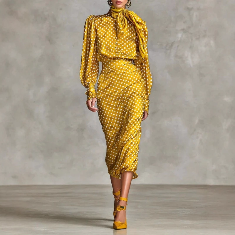 

2026 Spring New Design Sensation Satin Wave Dot Western Style High Collar Shirt and Half Skirt Two Piece Set for Women