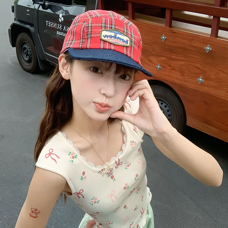 Unisex Visors New Plaid Retro Fashionable Simple Versatile American Style Baseball Caps Outdoor Sunshade Sun Protection Hats