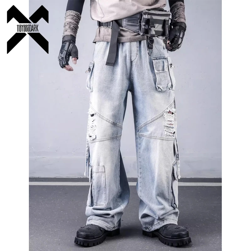 

Vintage Ripped Distressed Jeans Grunge Hip Hop Loose Elastic Waisted Cargo Pants Men's Washed Denim Trousers Blue