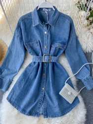 Fashion Women Jeans Dress Long Sleeve Autumn Short Bandage Ladies Black Blue Denim Dress Female Shirt Dress