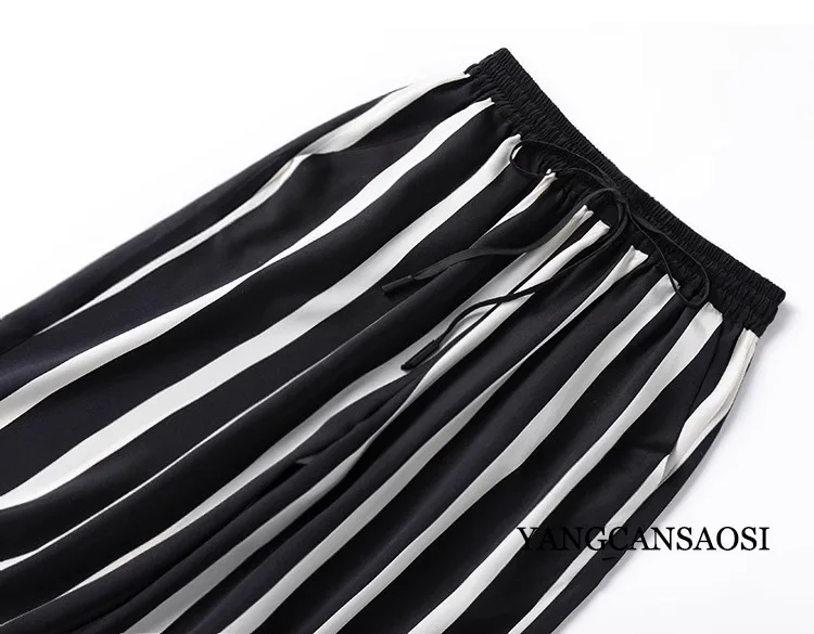 24MM Heavyweight 93% Natural Mulberry Silk Elastic Wrinkle Versatile Classic Black and White Vertical Stripe Wide Leg Pants