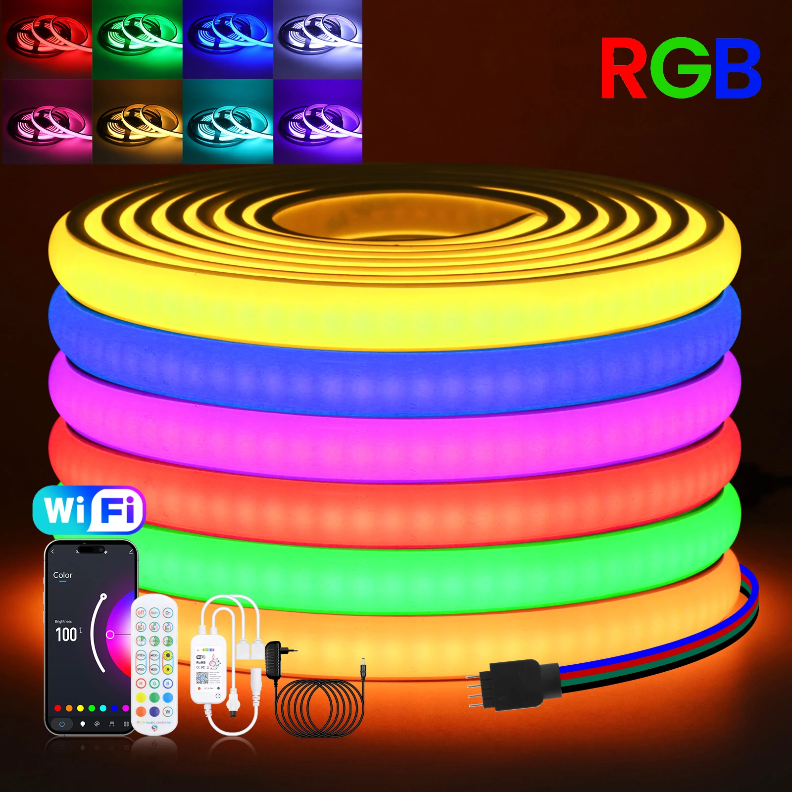 

Светодиодная лента RGB COB 12 В 24 В 576 светодиодов/м RGB Красочный неоновый свет с Wi-Fi/Bluetooth/ИК-пультом дистанционного управления для декора комнаты и вечеринки