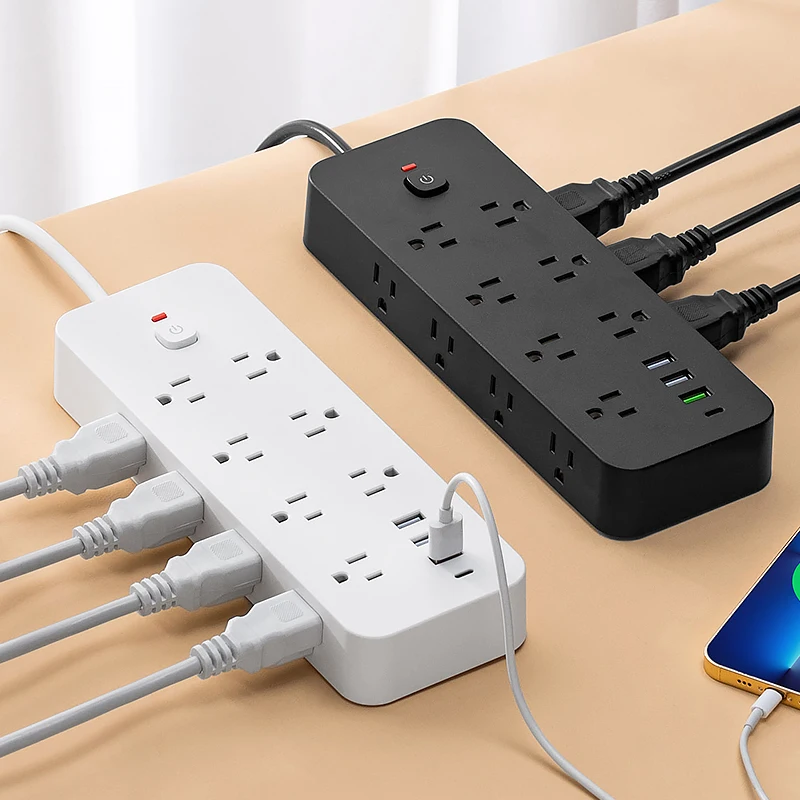 US 14 AC Plug Power Strip Wall Mounted Main Control Switch Power Socket 3 USB Port 1 Type C Port Charging Network Filter Adapter