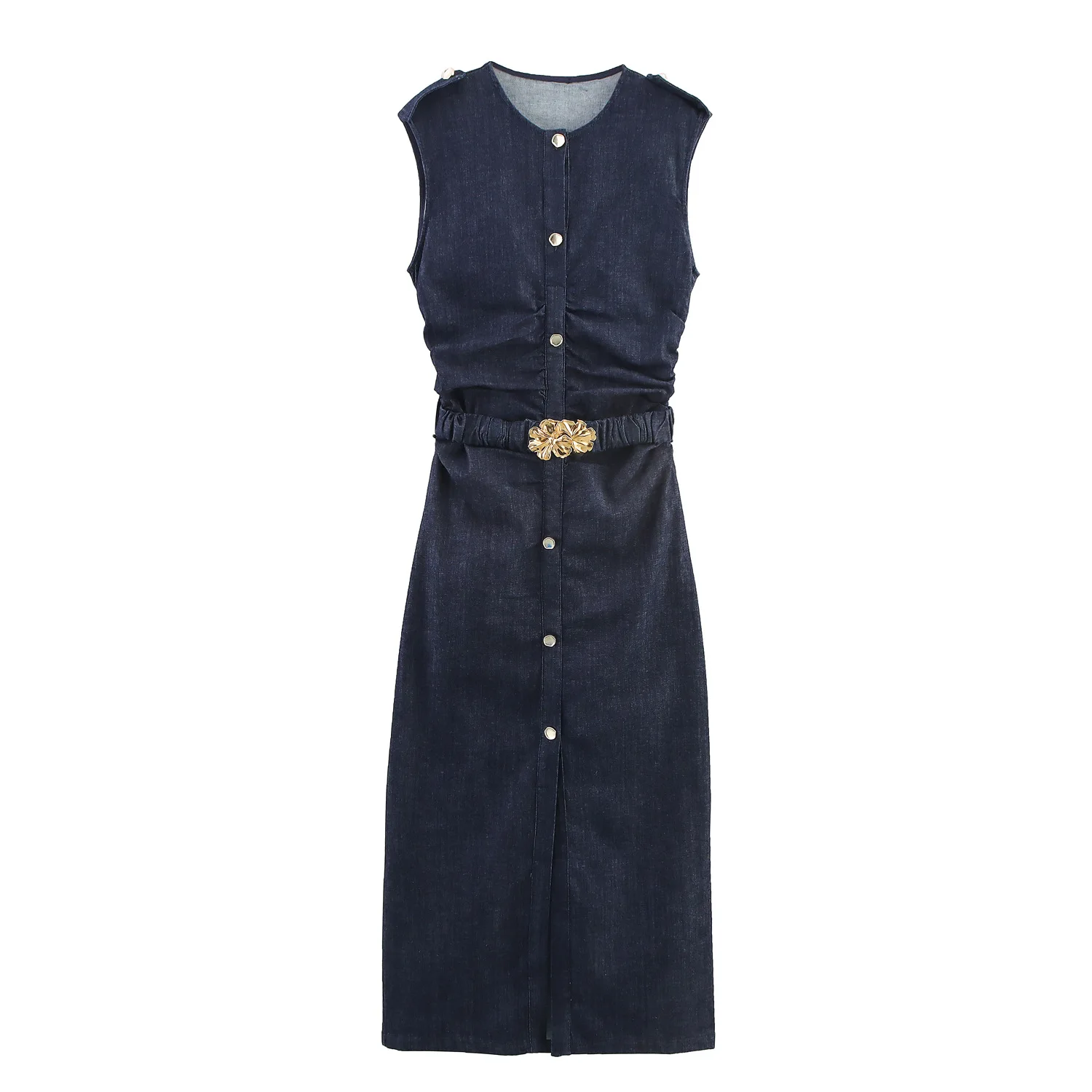 Vintage Women Denim Dress Solid O-Neck Single Breasted Belt Sleeveless Straight Vestidos Fashion 2025 Summer Chic Dress