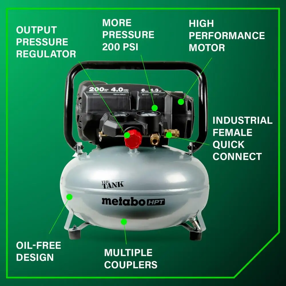 Compressor de ar portátil para panquecas, 200 psi, tanque de 6 galões, versátil, pistola de unhas, alta potência e fluxo de ar, leve e