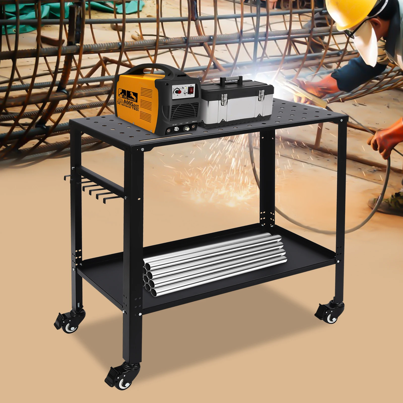 

2 Tiers Portable Welding Workbench Adjustable Metal Welding Car 36''×18''1200lbs Capacity for Heavy-Duty Metal Fabrication