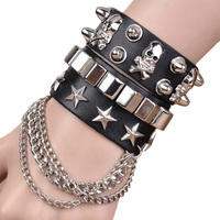 Black Leather Cuff Wristband Goth Gothic Metal Rivet Punk Skeleton Star Bracelets for Women Men Armbands Cosplay