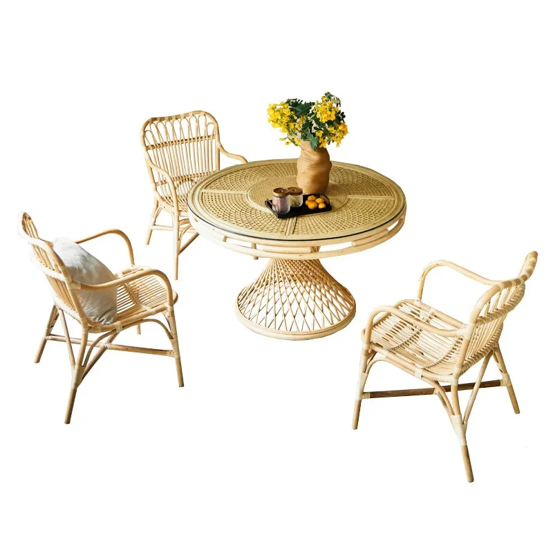 Nordic rattan glass round table living room ins wind full rattan small apartment simple household dining and
