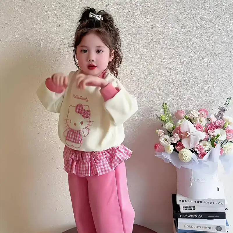 

Sanrio Hello Kitty Hoodie Sets Girl Tops Lace Wide Leg Pants Children Spring Kawaii Anime Cartoon Fashion New Casual Clothing