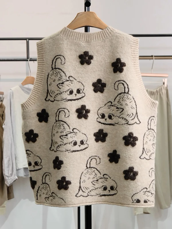 Autêntico outono inverno redondo ne malha colete feminino faion retro dos desenhos animados modelado colete meninas roupa interior produção chinesa