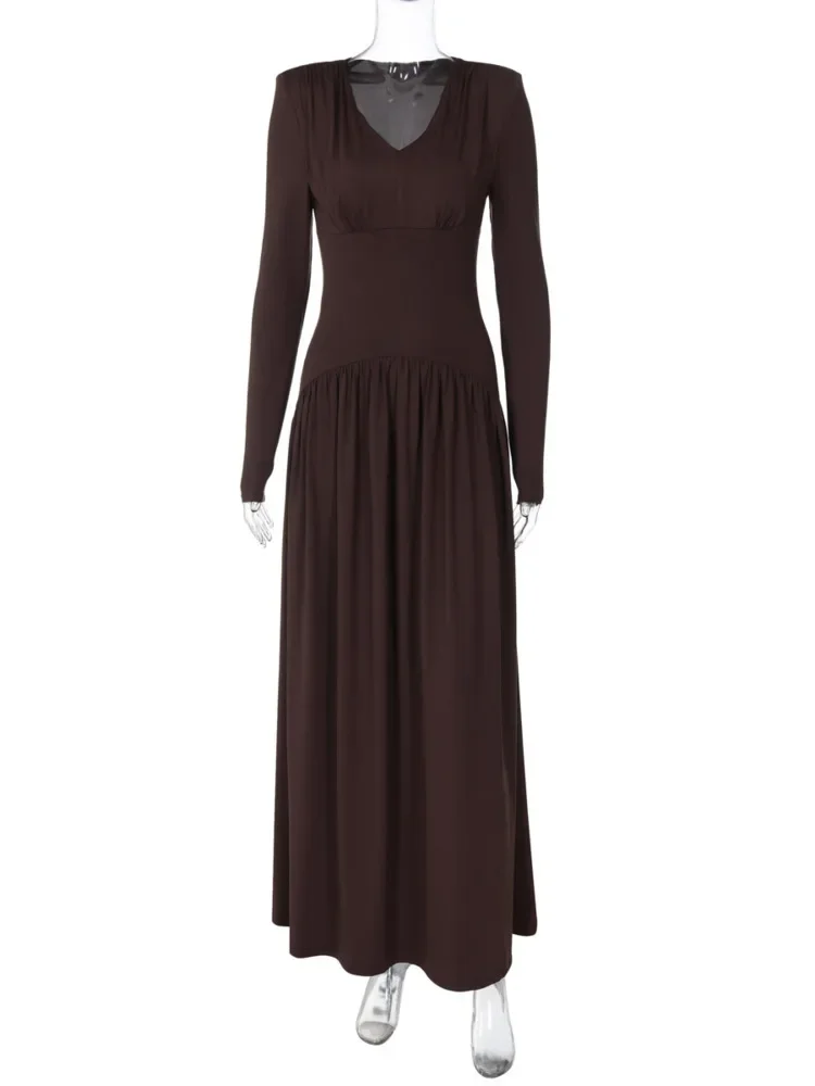 XIAOTANG Herbst Langarm Sexy Maxikleid für Frauen Fashion Solid V-ausschnitt Hohe Taille Schlank Elegante Club Party Plissee Langes Kleid