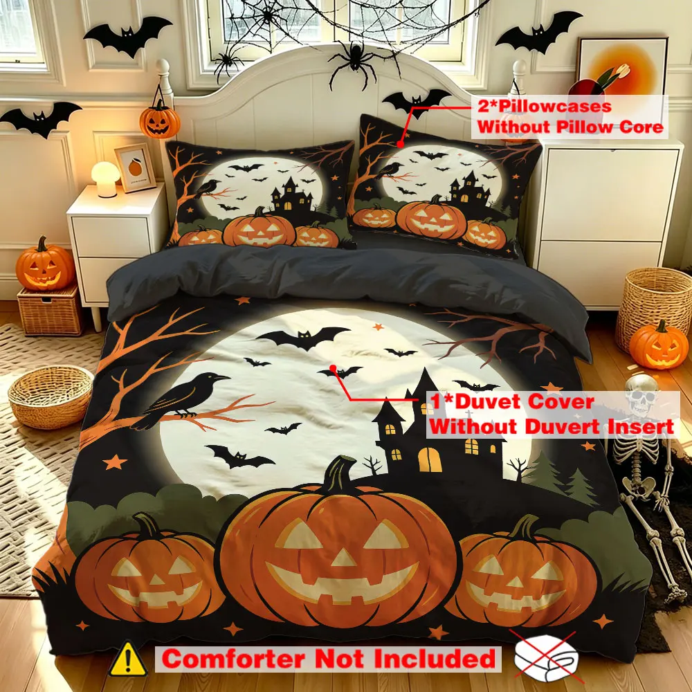 Halloween Castle Pumpkin Bat Full Moon 3Pcs Duvet Cover Set Spooky Night Horror Bedroom Bedding Set
