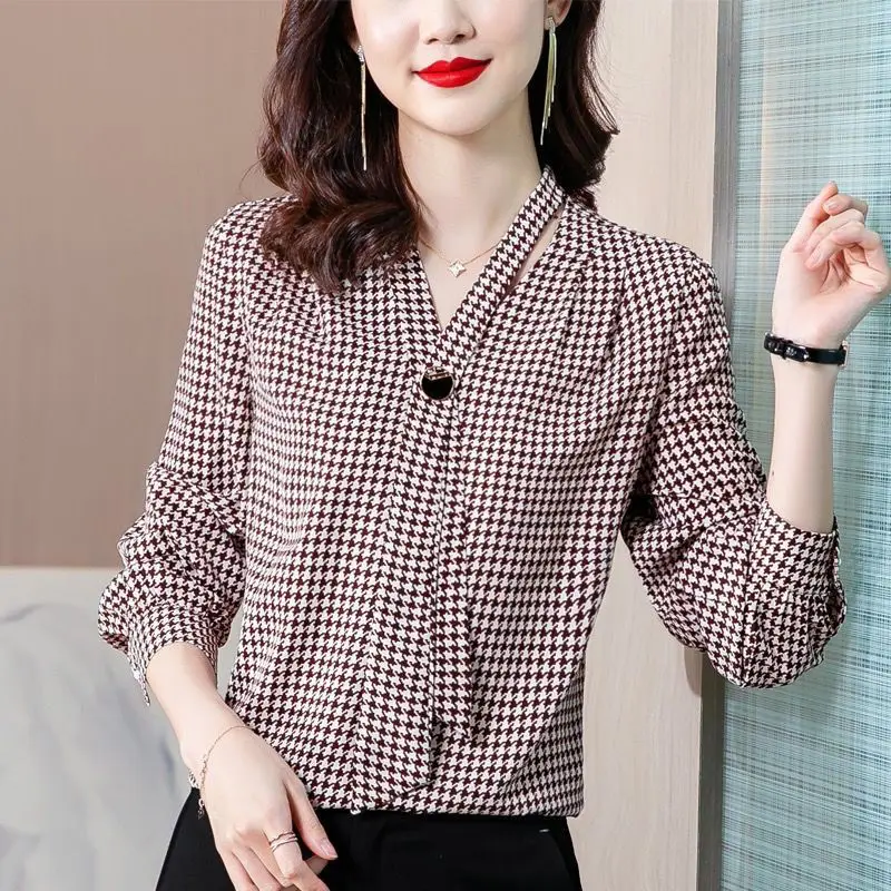 Houndstooth Print Elegant Chic Bow Tie Office Lady Shirts Spring Autumn Fashion V-neck Long Sleeve Loose Top Blouse Women Blusas