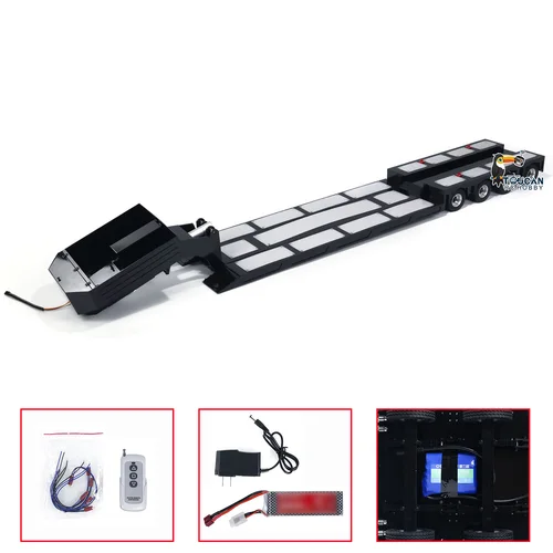 RC 4Axle 트레일러 금속 확장 가능한 세미 트레일러 후면 조명 LED 장난감 1/14 스케일 원격 제어 트랙터 트럭 자동차 트레일러 모델