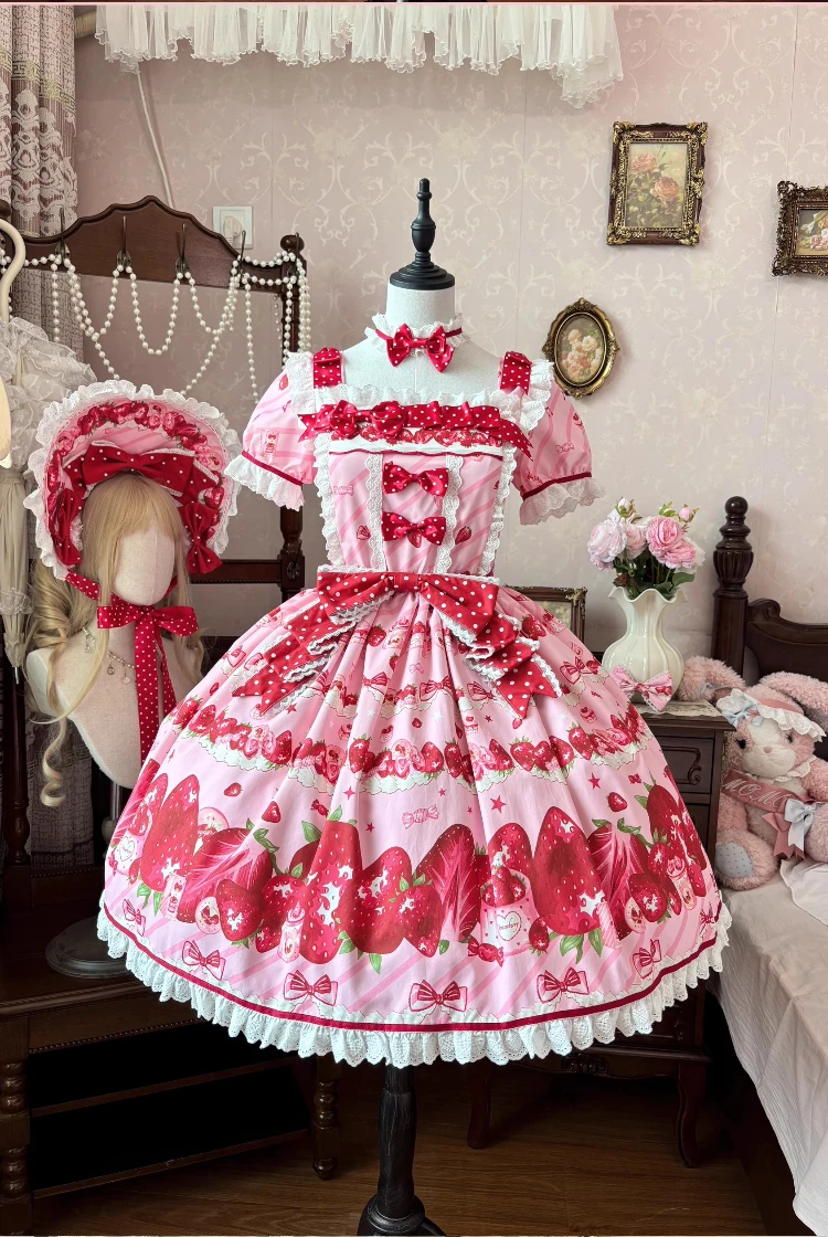 

- Strawberry Box - Sweet Lolita OP Dress, Strawberry Print by Peach Bunny PRE ORDER / 35 days
