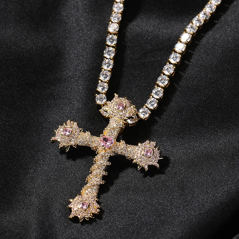 Hip Hop 3A+ CZ Stone Paved Bling Iced Out Heart Stone Thorns Cross Pendants Necklaces for Men Rapper Jewelry Gift