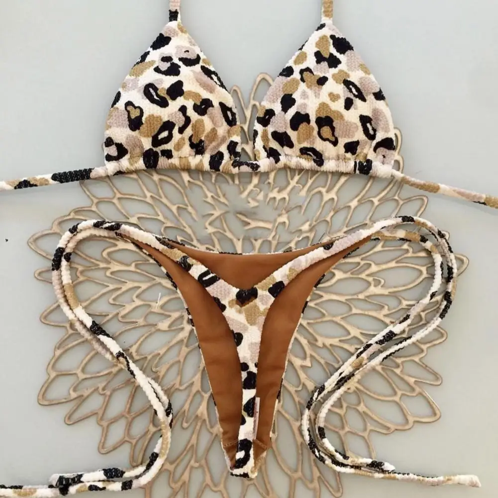 

Sexy Women Bikini Set Leopard Print Halter Bra High Waist Lace-up Sexy Thong Set Bathing Suit Beachwear Women 2024 Beach Wear