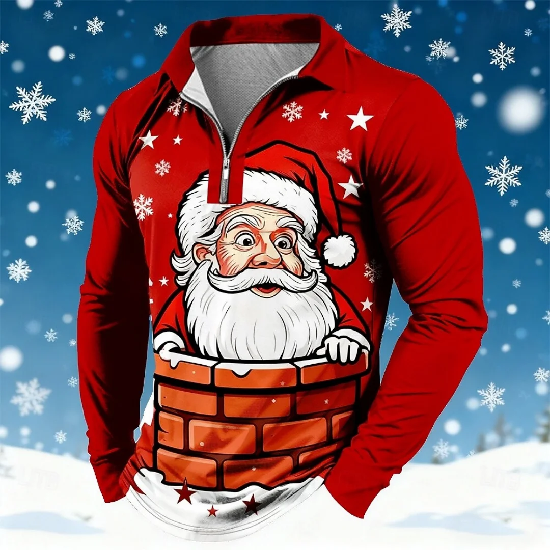 Fashion Men's Long Sleeve Polo Shirt 3D Funny Christmas Snowman Holiday Print Men Top Large Christmas Polo Shirt Party Clothing