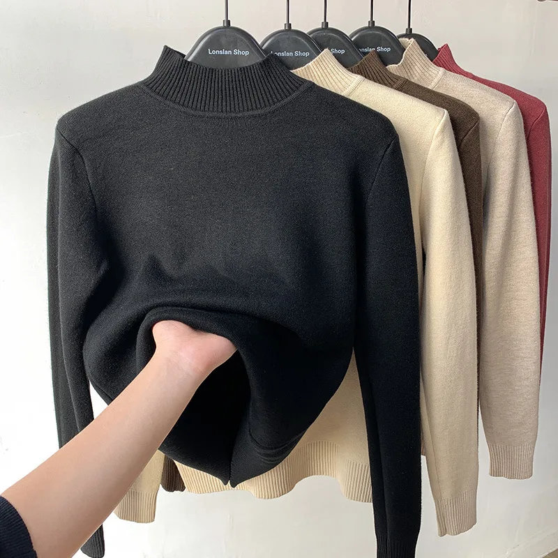 Women Half Turtleneck Fleece Lined Sweater Long Sleeve Thick Warm Solid Color Slim Fit Basic Thermal Knit Top