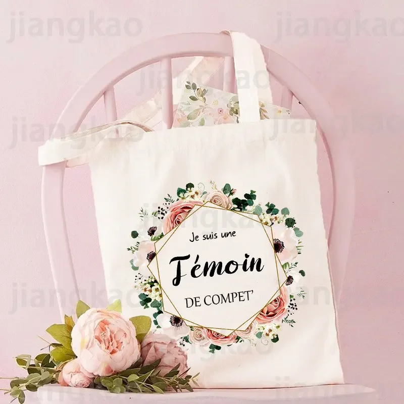 French Temoin Flower Printed Shoulder Bag Witness Tote Bags Female Neceser Canvas Eco Handbag Bride Wedding Gifts for Witness